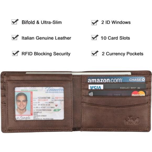 Wallet for Men-Genuine Leather RFID Blocking Bifold Wallet With 2 ID Window - Picture 3 of 7